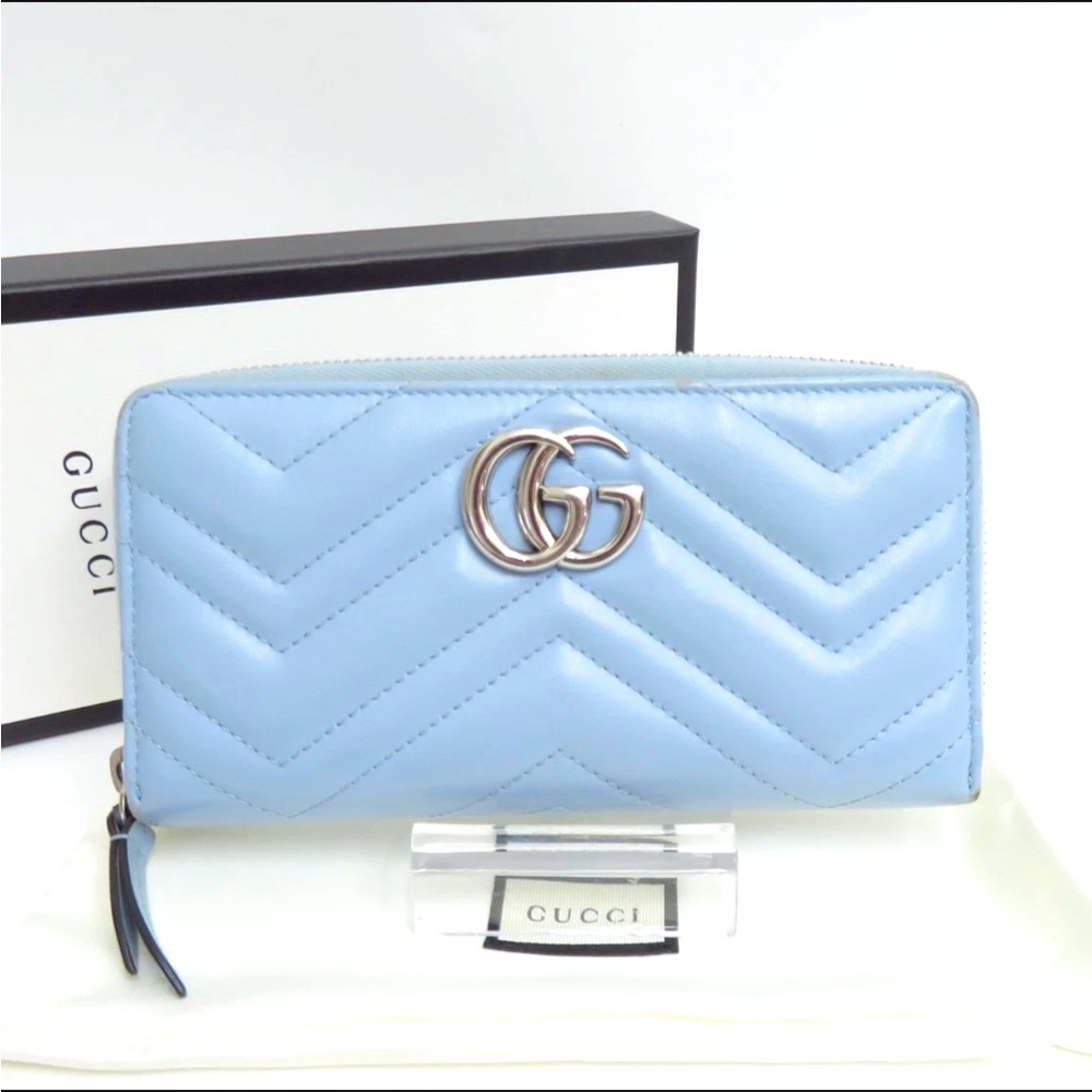 🩵Authentic GUCCI GG Marmont  V Stitch Leather Zip Around Zippy Long Wallet